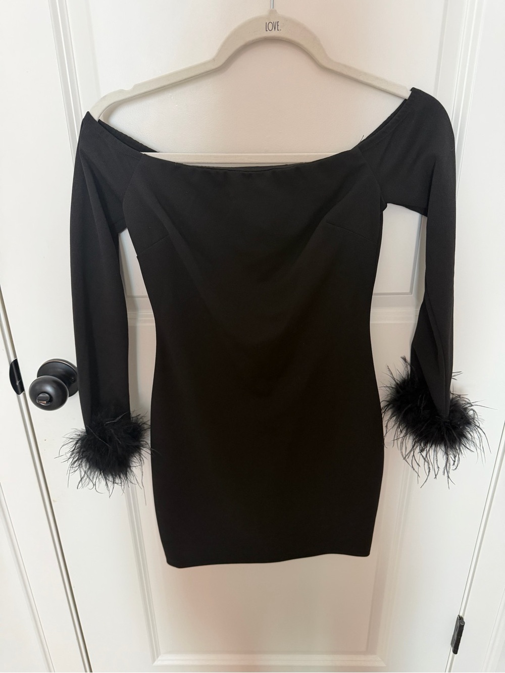 Off-Shoulder Black Feather-Cuff Mini Dress